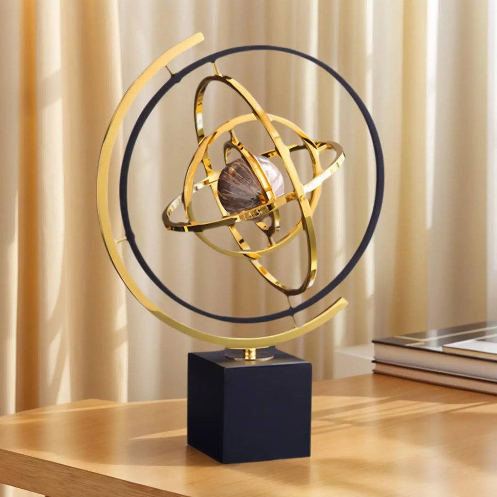 360 Rotating Metal Globe Sculpture Abstract Rotating Tabletop Abstraction Globe With Rectangular Base For Home Office Art Deco