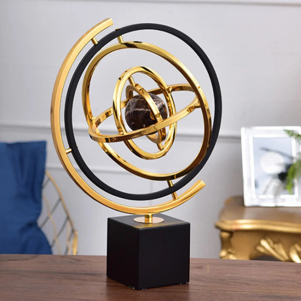 360 Rotating Metal Globe Sculpture Abstract Rotating Tabletop Abstraction Globe With Rectangular Base For Home Office Art Deco